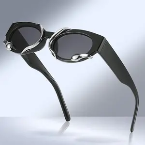 时尚品牌设计小椭圆形圆形太阳镜金属蛇装饰女男士太阳镜2022