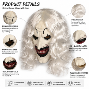 Masque de Clown Réaliste en Latex Amusant et Pétillant - Masque <span class=keywords><strong>d</strong></span>'Halloween Effrayant avec Sourire Moqueur, Cheveux Argentés Ébouriffés, Nez Pointu et Visage Blanc Sinistre - Product Image 2
