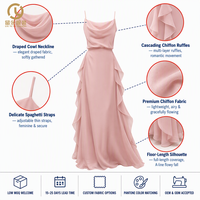 Robe de soirée midi simple pour femme, rose, en mousseline, dos nu, sans manches, à bretelles, avec buste froncé, fabriquée sur mesure par l'usine de vêtements de Guangzhou