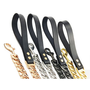 Premium Luxus Vergoldete Hundeleine Tudor Gold Edelstahl Kubanische Kette Haustierleine mit Ledergriff - Product Image 5