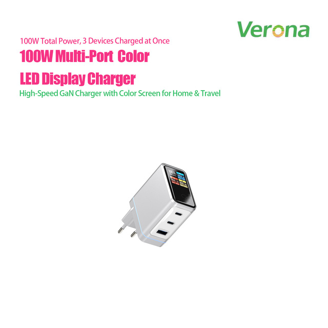 100W GaN Wall Charger with Colorful Digital Display LED Indicator 3-Port USB-C Fast Charger for Laptops Phones Tablets