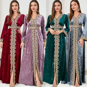 Moroccan Kaftan Dubai Opened Front Gown Dresses for Women Golden Ribbon Loose Sleeve Muslim Turkey Arabic Clothes Velvet