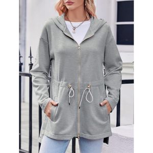 Sweat-shirt à capuche zippé pour femme, coupe oversize, manches longues, taille à cordon de serrage, fentes latérales, style tunique, tenue décontractée - Product Image 2