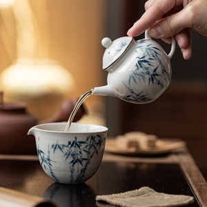 Guanlan Hand Painted Blue Bamboo Ceramic Teapot Small Size With Lid For One Person Kung Fu <b>Tea</b> <b>Set</b> Porcelain Round Shape - Product Image 4