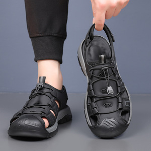 รองเท้าแตะกลางแจ้งผู้ชายระบายอากาศได้ดี ปิดนิ้วเท้า ส้นแบน ปิดด้วยเวลโคร สีเขียว ดำ เทา สีพื้น สำหรับเดินป่า ชายหาด ลำลอง ฤดูร้อน - Product Image 3