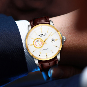 MIGE Men's Automatic Mechanical <b>Watch</b> Stainless Steel <b>Case</b> 42mm Sapphire Crystal Leather Strap Date Display Business Style - Product Image 6