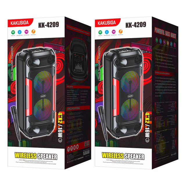 KAKUSIGA Portable BT 5.2 Colorful Light Wireless 4inches*2 Audio Play Karaoke Outdoor Dual Horn Speaker with Microphone