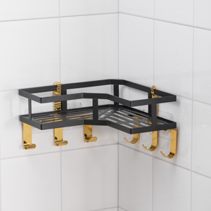 Étagère de rangement d'angle de cuisine en métal en forme de triangle, panier mural avec crochets adhésifs pour cuisine moderne de luxe et salle de bain - Product Image 1