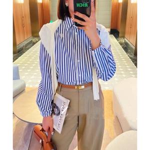 女性服スタンドカラーロングシャツトップスストライプ柄シャツ - Product Image 4