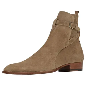 Botas de cuero de ante marrón para otoño e invierno, botas formales de cuero genuino para hombre, correa de hebilla con logotipo personalizado