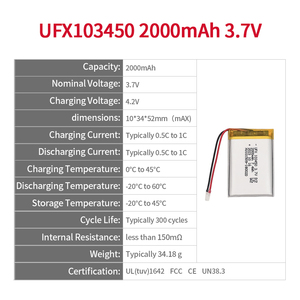 Batterie ai polimeri di litio ricaricabili LiPo Li-on UFX103450 3.7V 2000mAh UL(tuv)1642 CE FCC UN38.3 in offerta speciale OEM ODM - Product Image 2