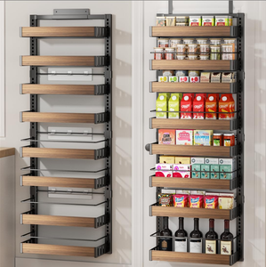 Estante de especias de 8 niveles 2 en 1 para colgar en la pared, estantería de madera para condimentos, organizador de despensa para colgar sobre la puerta con cesta ajustable - Product Image 1