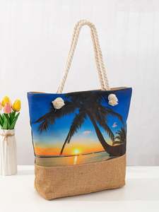 Bolsa de Compras de Lona de Moda de Verano, Bolsa de Playa de Algodón con Estampado de Palmeras de Coco, Gran Capacidad, para Mujer - Product Image 3
