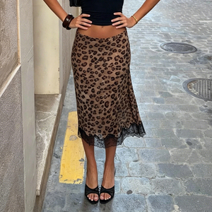 Jupe midi taille basse imprimé léopard avec ourlet en dentelle, jupe trapèze en maille pour femme, style vintage sexy streetwear, nouvelle collection 2026 - Product Image 4
