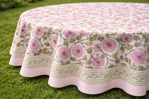 Nappe ronde en coton imprimée à la main avec motifs floraux roses – Housse élégante pour table de jardin et de salle à manger - Product Image 3