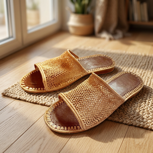 Sandalias de Paja Hechas a Mano para Mujer, Punta Abierta, Forro de Cuero Genuino, Suela de Corcho, Transpirables, Estilo Veraniego para Interiores - Product Image 1