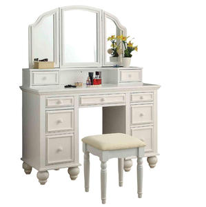 <b>Modern</b> Solid Oak Wood Vanity Set with Stool Storage Drawers 3-Sided Mirror-White Finish for Bedroom - Product Image 5