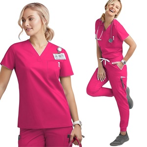 Women's Scrub Set Short Sleeve V-<b>Neck</b> Pink Moisture Wicking Hospital Uniforms Split Set Size S XXL Knitted Fabric - Product Image 1