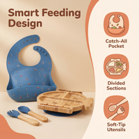 Ensemble complet d'alimentation complémentaire pour bébé : Bavoir en silicone + Assiette divisée en fibre de bambou + Fourchette-cuillère en forme d'hélicoptère anti-rayures