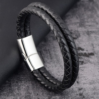 Bracelet en cuir véritable tressé multi-couches tendance, bracelet en cuir de vache double couche pour homme, fermoir magnétique en acier inoxydable