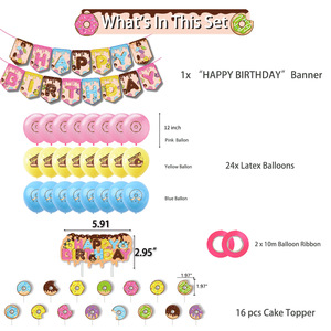 Kit de Décorations d'Anniversaire Thème Donut pour Enfants : Bannière, Décoration de Gâteau, Drapeaux, Ballons, Fournitures Rose Glacé et Confettis - Product Image 3