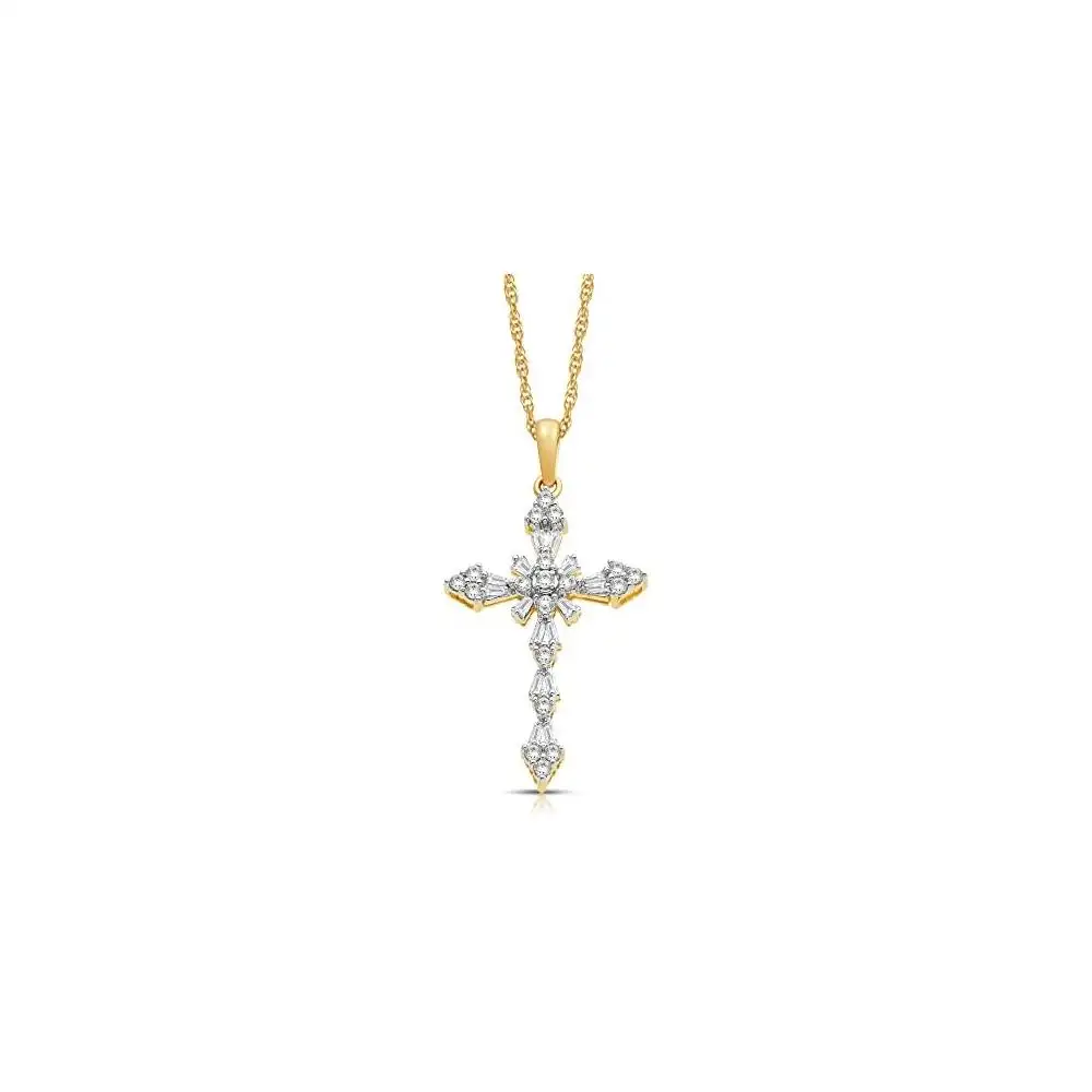 Collier pendentif croix en or blanc et jaune 10 carats avec diamants ronds et baguettes blancs naturels 1/2 Cttw Chaîne 18 \ Rope