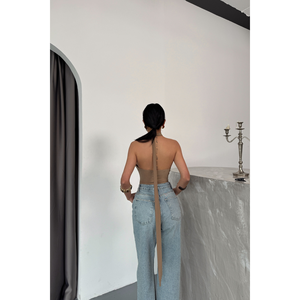 Body Halter Sandy Imprimé Sexy Beige Coupe Ajustée en Tissu Tricoté Longueur au-dessus du Genou pour la Saison Automne - Product Image 2