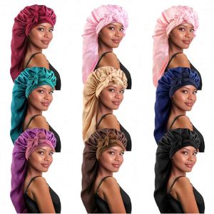 Bonnet en satin long prêt à être expédié pour cheveux longs, usage quotidien et extérieur, bonnet de nuit quatre saisons avec lien pour dormir - Product Image 2