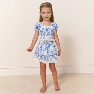 Tenues assorties pour sœurs, ensembles pour filles, imprimé numérique floral bleu personnalisé sur toute la surface, respirant, polyester et coton, tenues d'anniversaire pour jumelles - Product Image 3