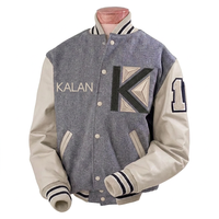 Veste universitaire en molleton de coton gris chiné pour homme KVJ101, manches en cuir brodé, patch en chenille, personnalisable, style Letterman