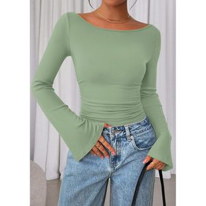 FOXA Women's Long Sleeve Crop Top Boat Neck <b>Bell</b> Sleeve Ribbed Ruched Casual Y2K Style Knit Pullover - Product Image 2