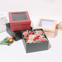 Luxe vierkante gouden-geprägte laminaat transparante doos met venster, twee handgrepen, emmervormig, voor bloemen- of fruitverpakkingen