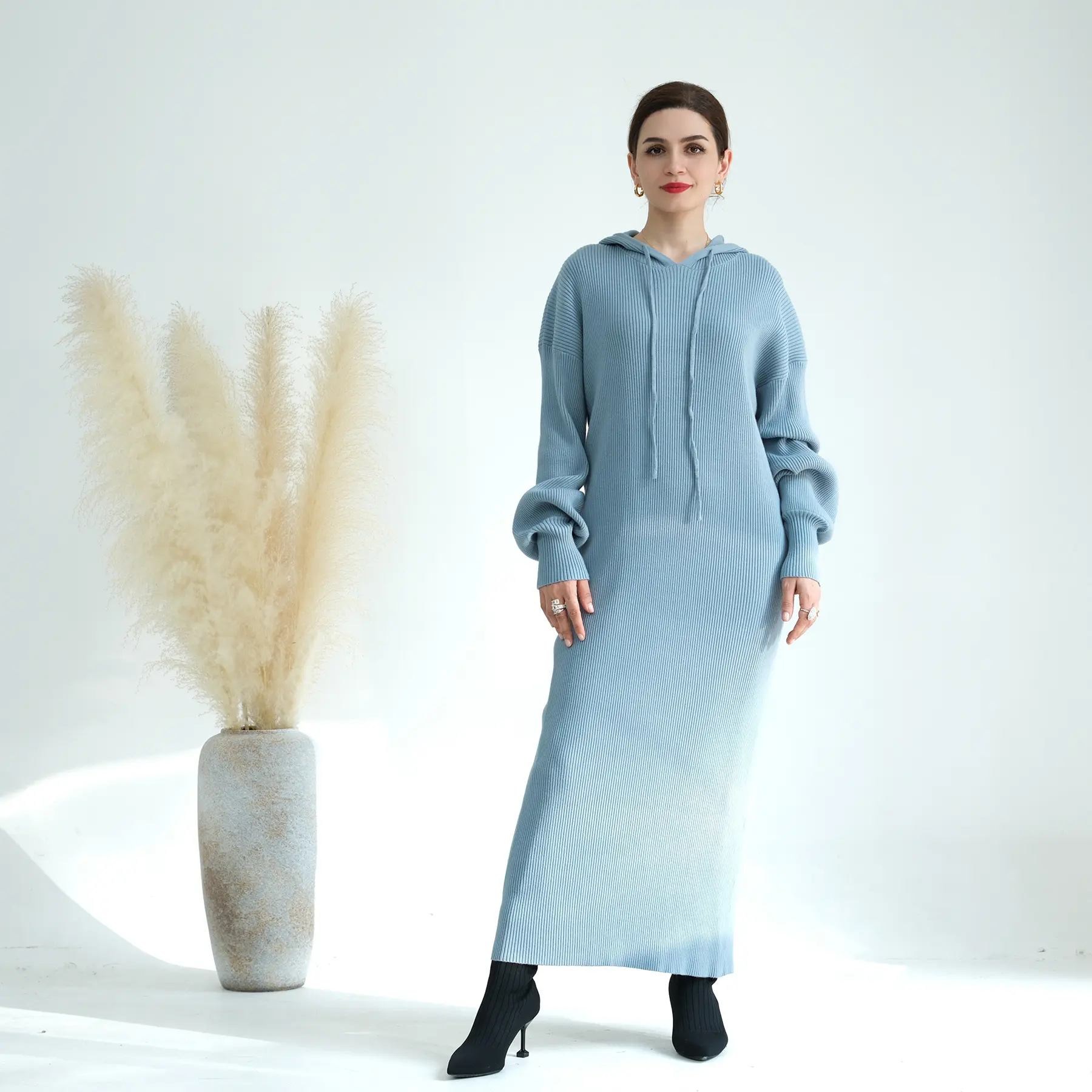 Son tasarım Dubai malezya orta doğu sonbahar/kış kalın örgü gevşek müslüman kazak elbise kadınlar