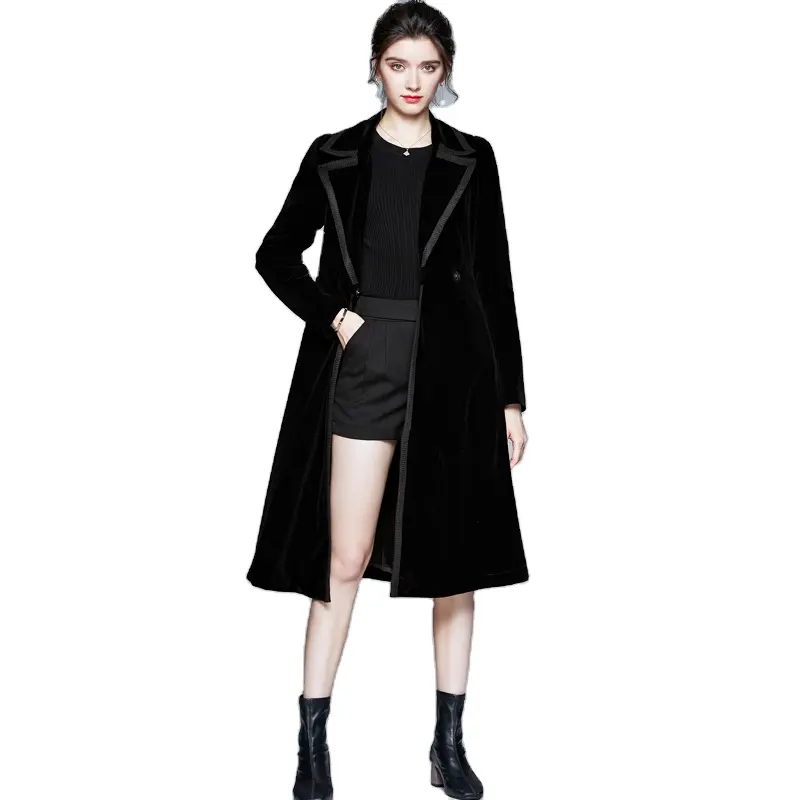 High Quality Autumn and Winter Women Fashion Outwear Medium Long Black Velvet Trench Coat