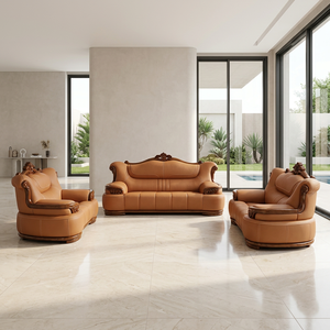Juego de Sofás de Cuero PU de Lujo Estilo Europeo, Madera Maciza Tallada a Mano, Forma Ovalada, Respaldo Acolchado, para Sala de Estar/Apartamento - Product Image 1