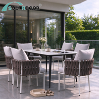 Ensemble de 7 pièces de mobilier de jardin moderne pliable toutes saisons avec chaises en corde et table à manger en aluminium pour cour