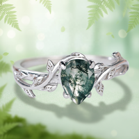 Anillo de Plata 925 con Ágata en Forma de Lágrima y Borde de Hoja