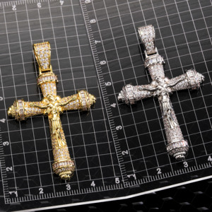 Pendentif Croix de Jésus en Or et Argent Bicolore avec Pierres Baguette Micro-Pavées en Zircon Cubique AAA de Haute Qualité, Bijou Charme Hip Hop Crucifix 3D - Product Image 1