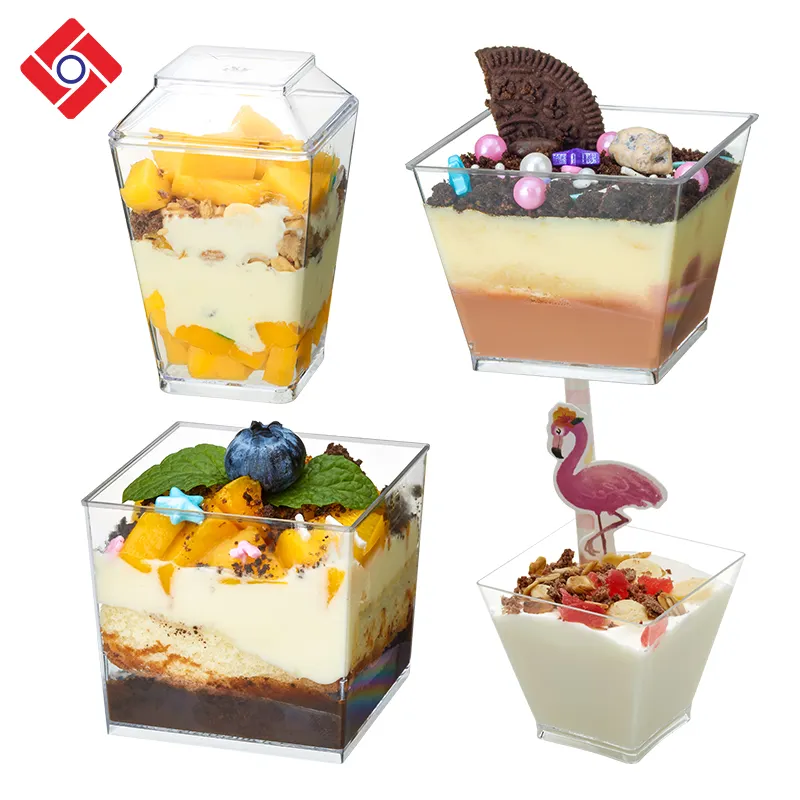 2019 High Quality Custom Printing Plastic Jelly Dessert Cup, PS square Disposable Plastic cup with lid