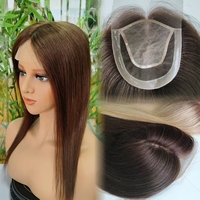 Rambut Asli Manusia Virgin Remy Silk Base Lace PU Topper, Hairpiece Jepit, Kulit Kepala Alami untuk Wanita, Rambut Menipis, Grosir