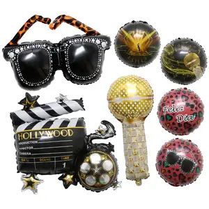 Mikrofon yuvarlak güneş gözlüğü folyo balonlar 80s 90s tema parti süslemeleri Retro doğum günü disko Hip Hop malzemeleri