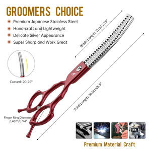 Tijeras de Entresacar para Mascotas de Acero Inoxidable con Hoja de 6.5 Pulgadas, Estilo Medon, Mango Rojo y Dientes Curvos Tipo Espina de Pescado - Product Image 3