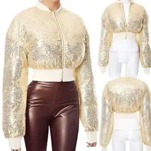 Chaqueta de invierno de lentejuelas de moda 2023 para mujer, chaqueta acolchada recortada elegante, abrigos gruesos y cálidos de burbujas