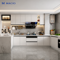 MACIO Armoire murale de cuisine complète élégante blanche, à assembler soi-même, avec îlot central, pour solution complète de villa