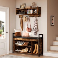 Armoire murale rustique en bois brun avec étagère, banc à chaussures, 7 crochets, étagère à 3 niveaux et compartiments, gain de place, meubles pour le salon, l'entrée