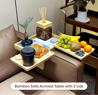 Nouvelle conception, plateau de canapé réglable 4 en 1 en bambou, table d'accoudoir de canapé avec rotation à 360° °   Support de téléphone rotatif et porte-gobelet