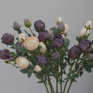 Décoration de mariage simple 5 têtes de roses vintage artificielles en soie à bord brûlé fleur de rose pour la décoration intérieure - Product Image 4