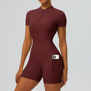JY 2026 New Summer Yoga <strong>Jumpsuit</strong> <strong>for</strong> <strong>Women</strong> Half Zip <strong>Short</strong> Sleeve One Piece Workout Romper Side Pocket Stretchy Athletic Bodysuit - Product Image 6