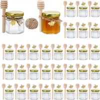 Vente en gros de pots en verre hexagonaux miniatures de 45 ml pour miel, seau en bois, petite bouteille avec corde en cire d'abeille, pour cadeaux de mariage