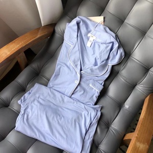SUHE Womens Cotton Jersey Thermal V-neck Short Sleeve Pajama Set Elastic Waist <b>Top</b> Cropped Pants Two Piece Sleepwear Contrast - Product Image 6